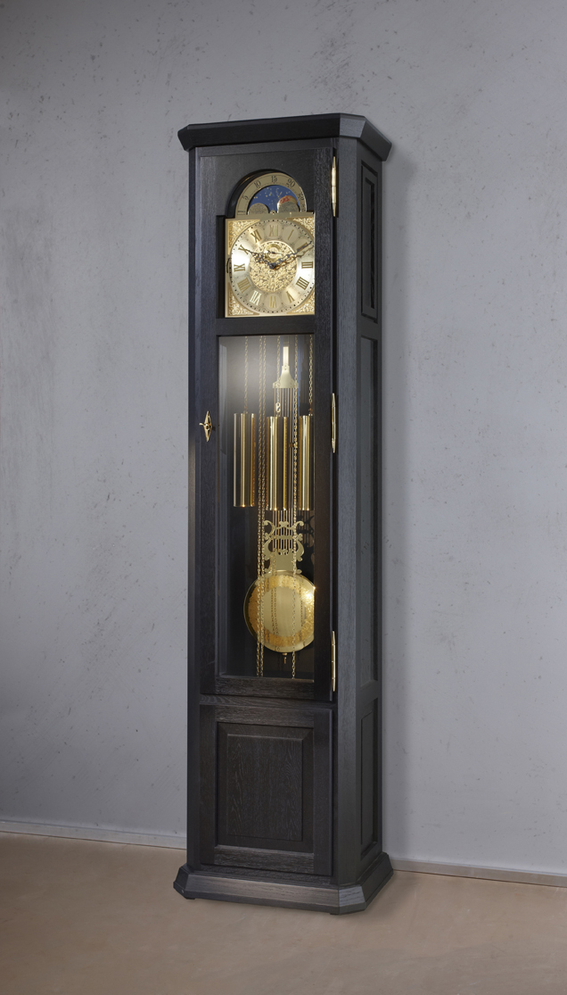Handmade German Grandfather Clock "Rheine", solid oak, blacklaquered