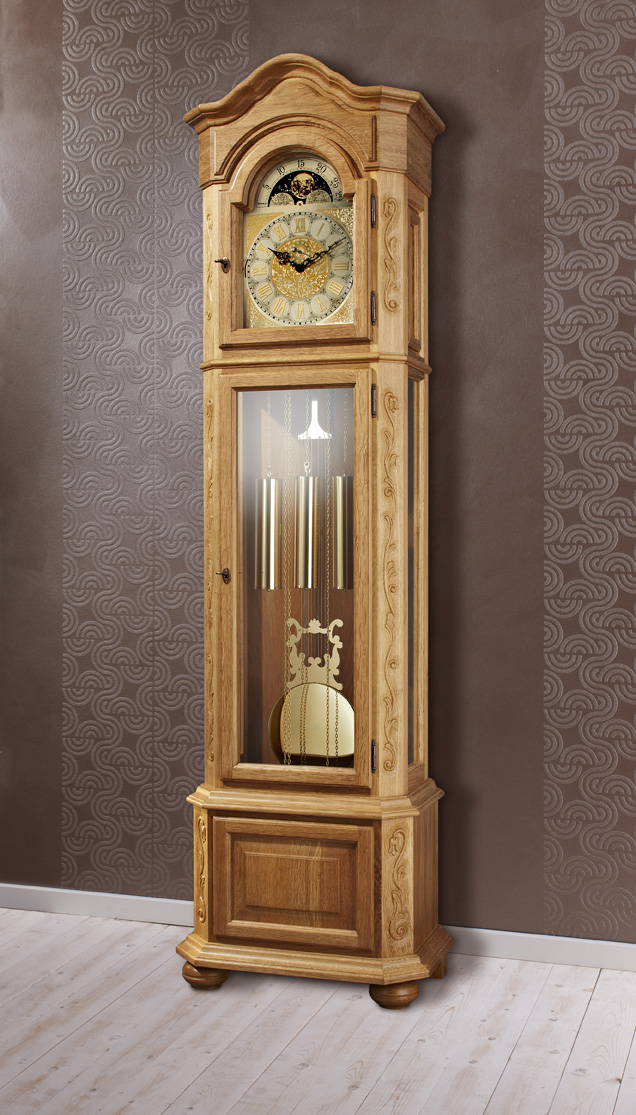 Handmade German Grandfather Clock of solid oak with carvings