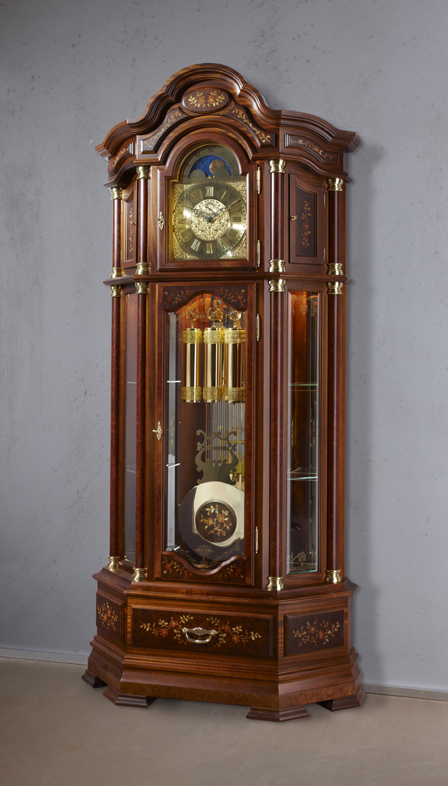 Original Black Forest Clockwork German Grandfather Clock, solid nut tree